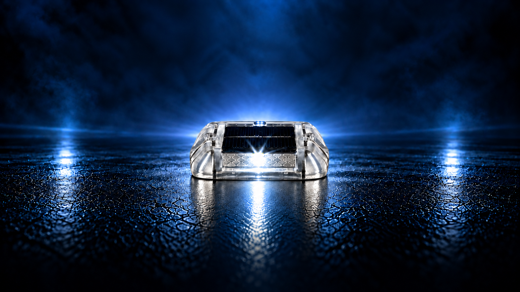 SolarVision SV1 solar road stud illuminated on a dark road