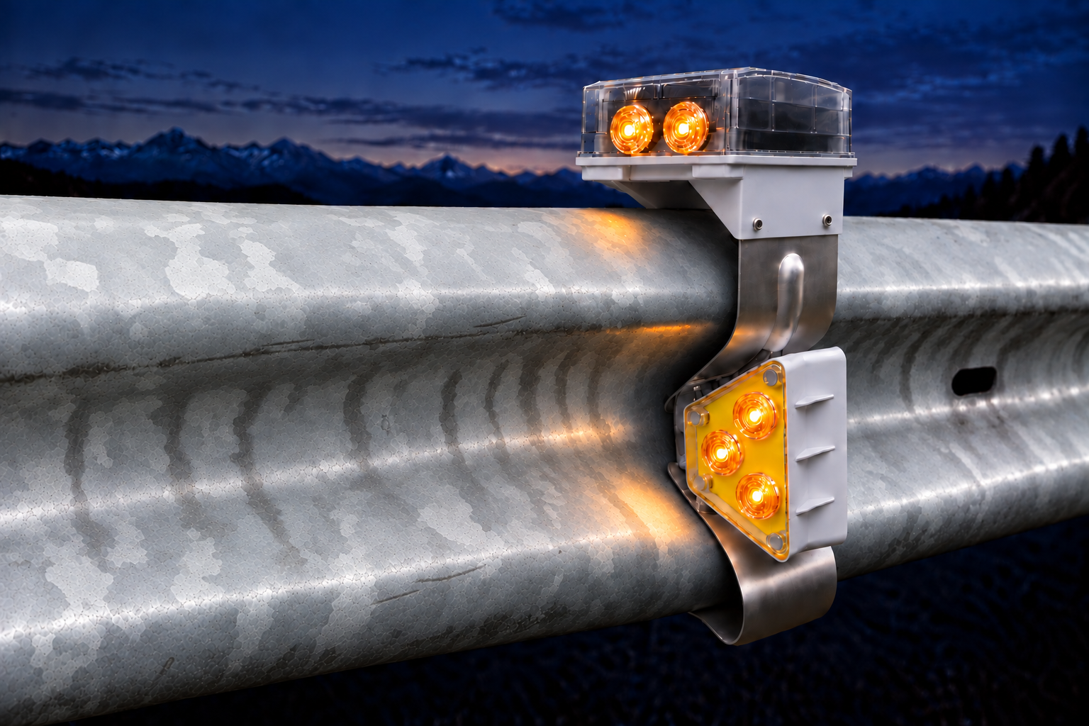 SolarVision SV5 solar guardrail light mounted on a W-beam guardrail at dusk